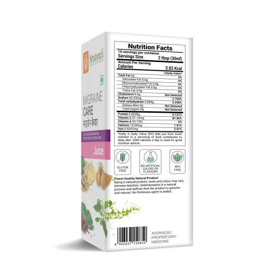 KRISHNA'S HERBAL & AYURVEDA Migraine Care Juice - 500 ml | (Pack of 1) | Natural Migraine Reliever | Perfect Blend of Sonth, Pippali, Ajmod & 6 other herbs KRISHNA'S HERBAL & AYURVEDA Migraine Care Juice - 500 ml | (Pack of 1) | Natural Migraine Reliever | Perfect Blend of Sonth, Pippali, Ajmod & 6 other herbs