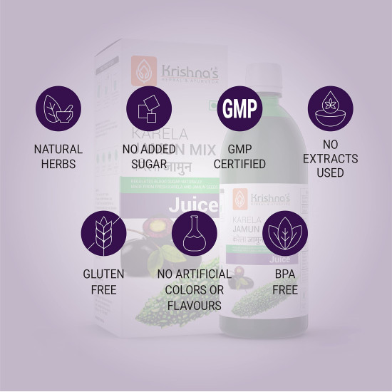 Krishna's Karela Jamun Mix Juice - 1000 ml | Fresh Karela & Jamun Seed | Ayurevedic Formulation to maintain Sugar Level | Enriched with Vitamin C - Vitamin A| Sugar free Juice with No Added Color or Flavour