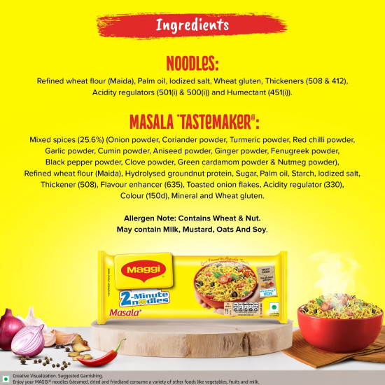 MAGGI 2-minute Instant Noodles, Masala Noodles with Goodness of Iron, Made with Choicest Quality Spices, Favourite Masala Taste, 70g ( Pack of 12 )