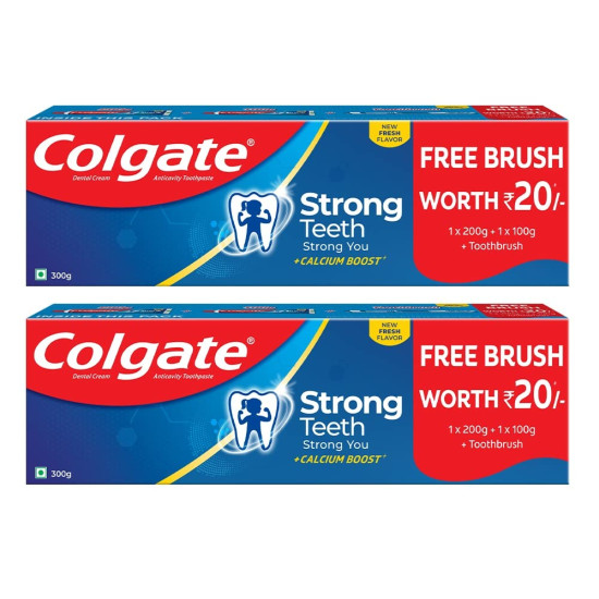 Colgate Strong Teeth, 300g with Free Toothbrush (Pack of 2), India’s No: 1 Toothpaste Brand, Calcium-boost for 2X Stronger Teeth, Prevents cavities, Whitens Teeth, Freshens Breath