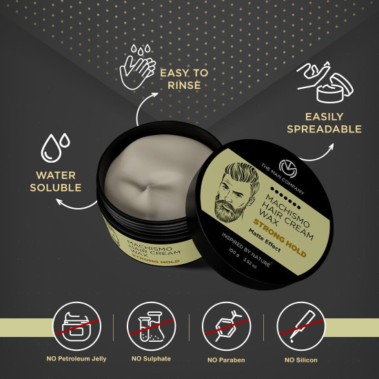 The Man Company Machismo Stronghold Hair Wax for Men | Up-to 12 Hours Strong Hold | Enriched with Vitamin E & Almond Oil | Stylish Matte Finish with Volume | Non Sticky - 100gm The Man Company Machismo Stronghold Hair Wax for Men | Up-to 12 Hours Strong Hold | Enriched with Vitamin E & Almond Oil | Stylish Matte Finish with Volume | Non Sticky - 100gm