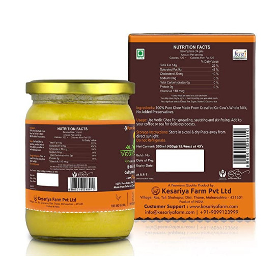 Vedic Ghee Premium A2 Gir Cow Cultured Desi Ghee from Kesariya Farm | Vedic Bilona Two Way Churned | Indian Gir Cow Ghee, Pure A2 Ghee, Natural & Healthy, Non-GMO | Lab Certified (500ml)