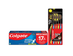 Colgate Strong Teeth Anticavity Toothpaste with Amino Shakti - 300gm with Free Toothbrush and Zig Zag Black Medium Toothbrush (Pack of 5)