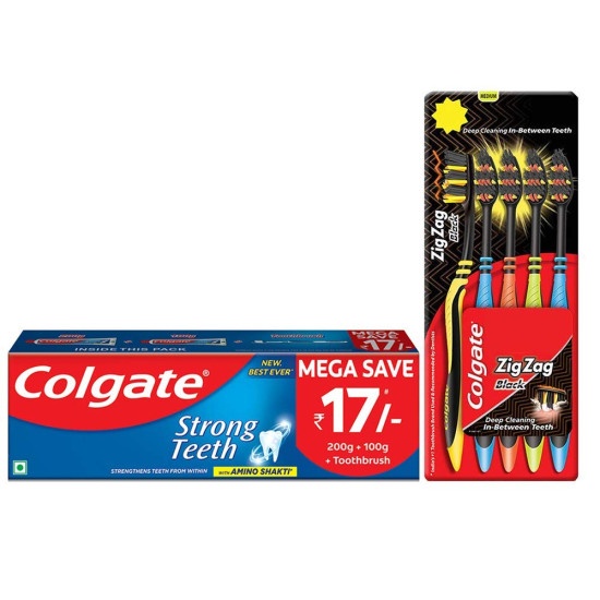 Colgate Strong Teeth Anticavity Toothpaste with Amino Shakti - 300gm with Free Toothbrush and Zig Zag Black Medium Toothbrush (Pack of 5)