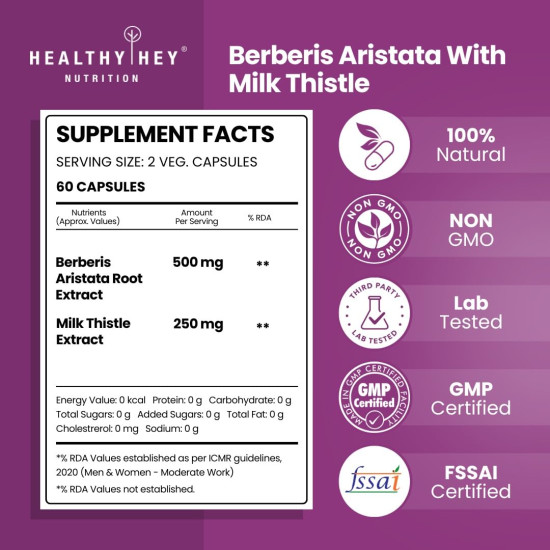 HealthyHey Berberis - Berberine 95% with milk Thistle - Support Weight Management & Healthy Glucose Levels Supplements - 750 mg Veg. 60 Capsules