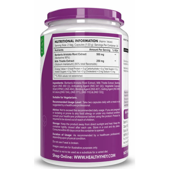 HealthyHey Berberis - Berberine 95% with milk Thistle - Support Weight Management & Healthy Glucose Levels Supplements - 750 mg Veg. 60 Capsules
