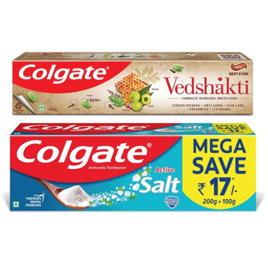 Colgate Swarna Vedshakti Toothpaste - 200gm with Colgate Active Salt Toothpaste, 300gm (Saver Pack)