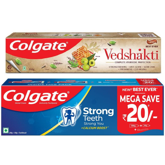 Colgate Swarna Vedshakti Toothpaste - 200gm with Colgate Strong Teeth Anticavity Toothpaste with Amino Shakti – 300g with Free Toothbrush