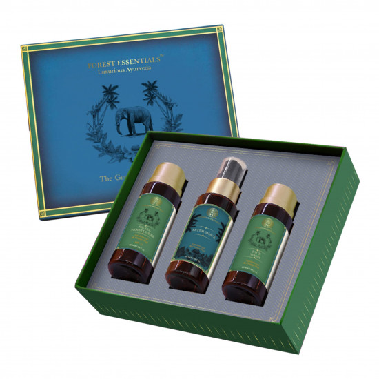 Forest Essentials Essentials For Him | Sandalwood & Orange Peel Luxurious Gift Set for Men with Face Wash, After Shave Spray & Face Moisturizer | Special Occasion and Birthday Gift for Him | 3 Piece Gift Set