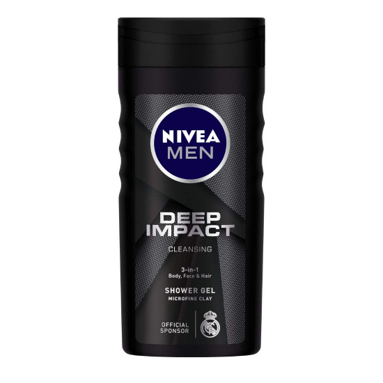 Nivea Men Body Wash, Deep Impact, 3 In 1 Shower Gel For Body, Face & Hair, With Microfine Clay, 250ml