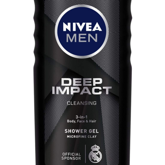 Nivea Men Body Wash, Deep Impact, 3 In 1 Shower Gel For Body, Face & Hair, With Microfine Clay, 250ml