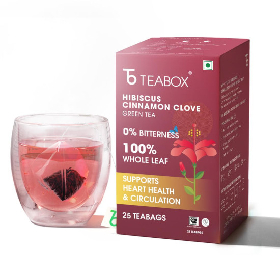 Teabox Hibiscus Cinnamon Clove Green Tea | 25 Tea Bags | Natural Green Tea Infused with Hibiscus, Clove & Cinnamon | Soothing & Spicy Floral Blend