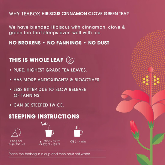 Teabox Hibiscus Cinnamon Clove Green Tea | 25 Tea Bags | Natural Green Tea Infused with Hibiscus, Clove & Cinnamon | Soothing & Spicy Floral Blend