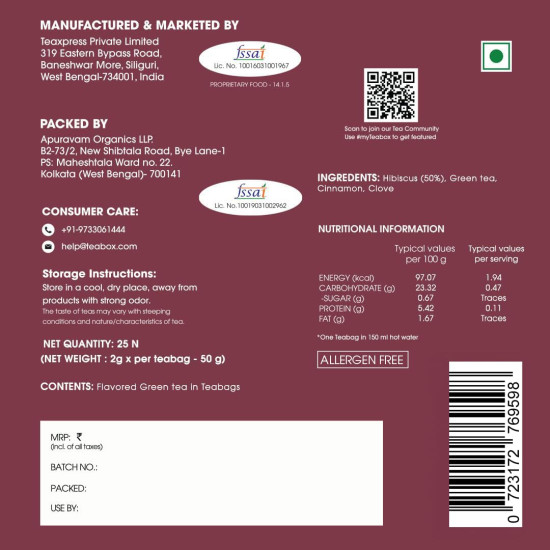 Teabox Hibiscus Cinnamon Clove Green Tea | 25 Tea Bags | Natural Green Tea Infused with Hibiscus, Clove & Cinnamon | Soothing & Spicy Floral Blend