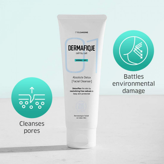 Dermafique - Absolute Detox Facial Cleanser Anti Pollution exfoliating Face Wash, 100 ml for Normal To Dry Skin with Vitamin E and Pomegranate extracts- Fights Pollution effects - Dermatologist Tested