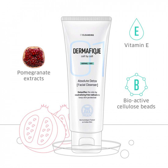 Dermafique - Absolute Detox Facial Cleanser Anti Pollution exfoliating Face Wash, 100 ml for Normal To Dry Skin with Vitamin E and Pomegranate extracts- Fights Pollution effects - Dermatologist Tested