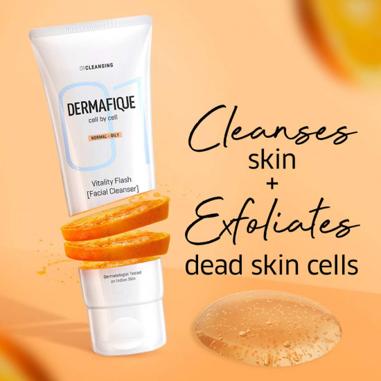 Dermafique Vitality Flash Facial Cleanser Exfoliating Face wash, For Normal to Oily Skin, Exfoliates Dead Cells, Cleanses pores, removes oil with Orange Zest extracts and Vitamin E, Oil-Free (100 ml)