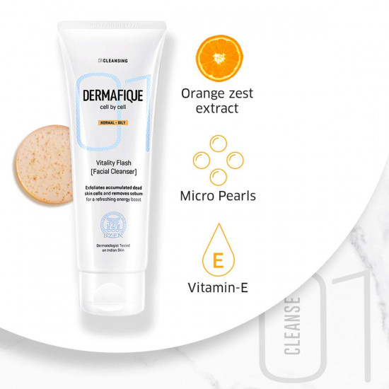 Dermafique Vitality Flash Facial Cleanser Exfoliating Face wash, For Normal to Oily Skin, Exfoliates Dead Cells, Cleanses pores, removes oil with Orange Zest extracts and Vitamin E, Oil-Free (100 ml)