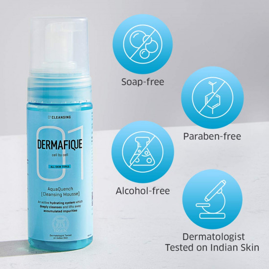 Dermafique Aquaquench Cleansing Mousse, 150 ml - For Dry Skin - Foaming Face Wash- For Deep Cleansing and Hydration - Paraben free, SLES-free - Dermatologist Tested