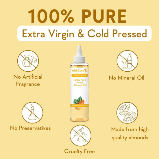 WishCare® Pure Cold Pressed Sweet Almond Oil for Hair Growth and Glowing Skin & Face - 200ml
