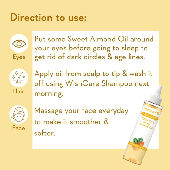 WishCare® Pure Cold Pressed Sweet Almond Oil for Hair Growth and Glowing Skin & Face - 200ml