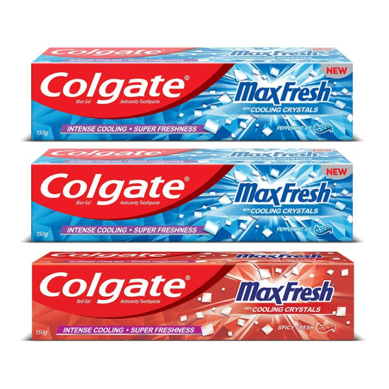 Colgate MaxFresh Anti-cavity Toothpaste, Peppermint Ice, 150gm (Pack of 2) with Colgate MaxFresh Anticavity Toothpaste Gel, Spicy Fresh - 150gm