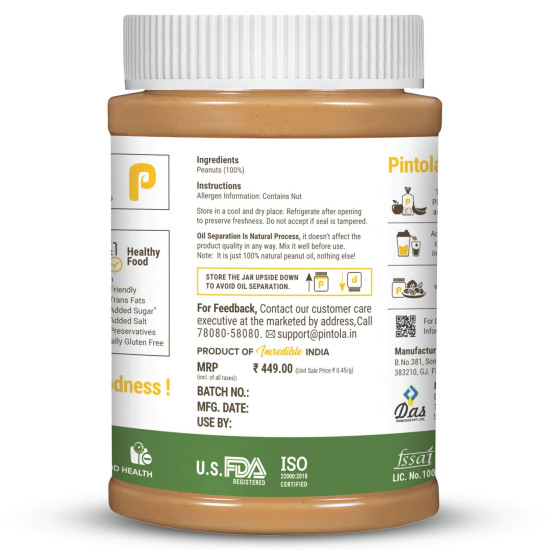 Pintola All Natural Peanut Butter EXTRA CRUNCHY 1kg, 30g Vegan Protein, 100% Pure Roasted Peanuts, Non Gmo, High in Protein Spread, Gluten & Cholesterol Free, Nut Butter, Peanut Butter Unsweetened