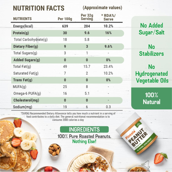Pintola All Natural Peanut Butter EXTRA CRUNCHY 350g, 30g Vegan Protein, 100% Pure Roasted Peanuts, Non Gmo, High in Protein Spread, Gluten & Cholesterol Free, Nut Butter, Peanut Butter Unsweetened