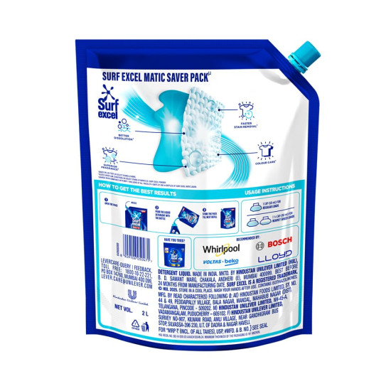Surf Excel Matic Top Load Liquid Detergent 2 L Refill|| Specially designed to remove Tough Dried Stains, 1st time in Washing Machine