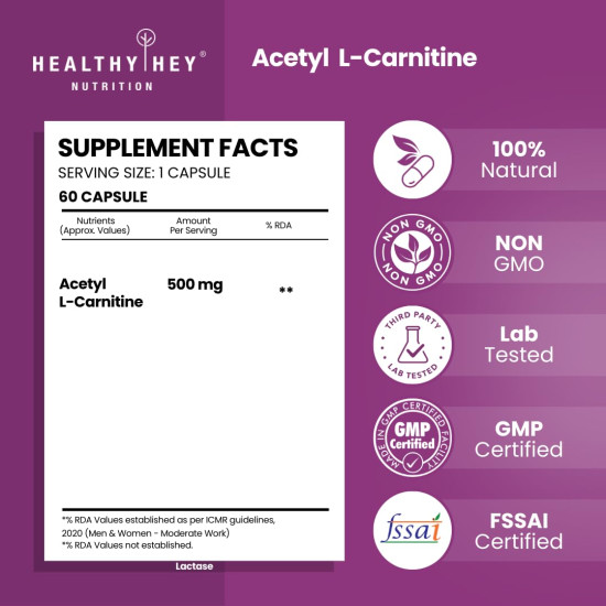 HealthyHey Nutrition Acetyl L-Carnitine (ALCAR)-60 Veg Capsules (Pack of 1)