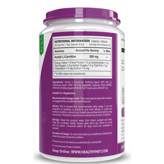 HealthyHey Nutrition Acetyl L-Carnitine (ALCAR)-60 Veg Capsules (Pack of 1)