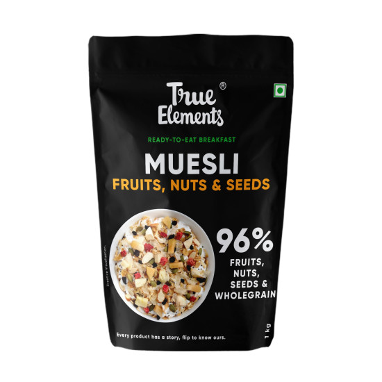True Elements Muesli Fruit and Nuts 1kg - With Real Fruits & Almonds | 100% Wholegrain Muesli with Oats, Almonds | Real Freeze-dried fruits, Not Candied | Breakfast Cereal | High Fibre & Nutrient-Rich blend True Elements Muesli Fruit and Nuts 1kg - With Real Fruits & Almonds | 100% Wholegrain Muesli with Oats, Almonds | Real Freeze-dried fruits, Not Candied | Breakfast Cereal | High Fibre & Nutrient-Rich blend