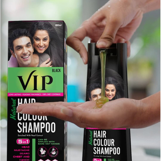 VIP Hair Colour Shampoo 400ml Black | Ammonia-Free | Family Pack | Quick 5-in-1 Grey Coverage for Men & Women | Long-Lasting Natural Black Shine