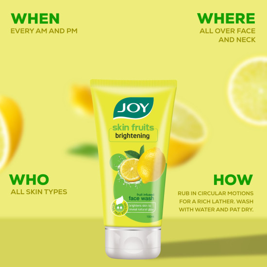 Joy Skin Fruits Lemon Brightening Face Wash 100ml x2 | with Vitamin C for Glowing Skin | Reduces Dark Spots, Removes Excess Oil & Dirt | For Normal to Oily Faces