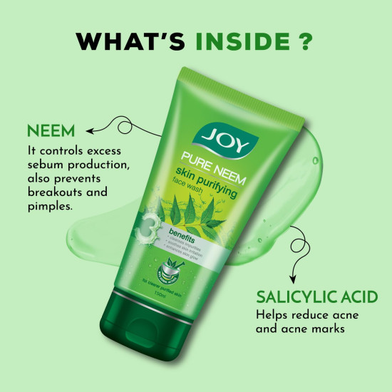 Joy Skin Purifying Neem Face Wash for Oily & Acne-Prone Skin | Fights Pimples, Controls Excess Oil & Unclogs Pores | Natural Antibacterial Formula | Men & Women 100ml x 2