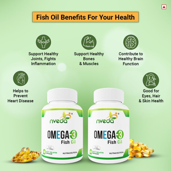 Nveda Omega 3 Fish Oil 1000mg | 180mg EPA & 120mg DHA | Heart, Brain, Eye & Joint Support Supplement for Men & Women | 120 Capsules (Pack of 2)