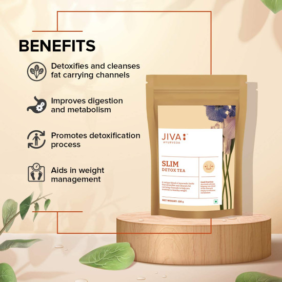 Jiva Ayurveda Slim Tea 150gm | 100% Ayurvedic Caffeine-Free Tea | Detoxifies Body, Open Up Blocked Channels, And Improve Digestion And Metabolism | Helps with Weight Management (Pack of 1)