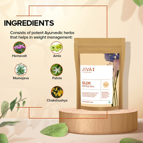 Jiva Ayurveda Slim Tea 150gm | 100% Ayurvedic Caffeine-Free Tea | Detoxifies Body, Open Up Blocked Channels, And Improve Digestion And Metabolism | Helps with Weight Management (Pack of 1)