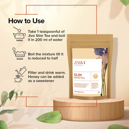 Jiva Ayurveda Slim Tea 150gm | 100% Ayurvedic Caffeine-Free Tea | Detoxifies Body, Open Up Blocked Channels, And Improve Digestion And Metabolism | Helps with Weight Management (Pack of 1)
