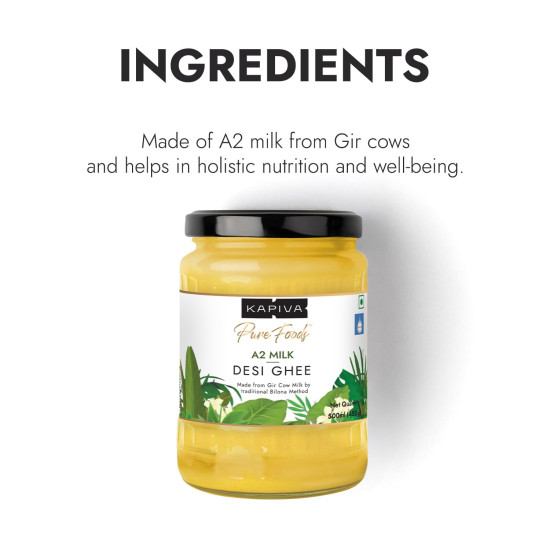 Kapiva Certified A2 Gir Cow Ghee 500ML | Traditional Vedic Bilona Method | Grassfed, Pure & Healthy | Curd-Churned | Premium Glass Bottle | 100% Natural & Lab-Tested | Rich in Nutrition