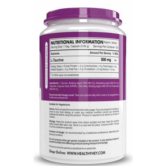 HealthyHey L-Taurine - Amino Acid Supplement - 120 Vegetable Capsules