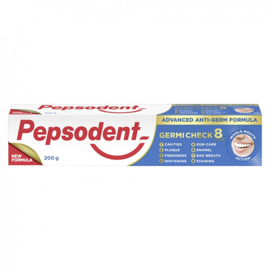 Pepsodent Germicheck 200g 8 Actions, Whole Mouth Toothpaste Fights Teeth, Gum & Tongue Germs, Prevents Cavity, Helps Teeth Whitening & Oral Hygiene