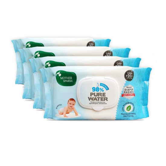 Mother Sparsh Plant Based Fabric Blue Baby Water Based Wipes (Pack of 4, 80 Pieces)