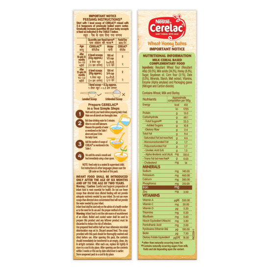 Nestle Cerelac Baby Cereal with Milk , Wheat Honey Dates , From 10 to 24 Months , Stage 3, Source of Iron & Protein , 300g Nestle Cerelac Baby Cereal with Milk , Wheat Honey Dates , From 10 to 24 Months , Stage 3, Source of Iron & Protein , 300g