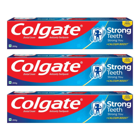 Colgate Strong Teeth, 200g (Pack of 3), India’s No: 1 Toothpaste Brand, Calcium-boost for 2X Stronger Teeth, Prevents cavities, Whitens Teeth, Freshens Breath