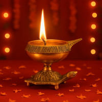Collectible India Brass Diya Oil Puja Lamp Engraved Design Dia with Turtle Base for Home Temple Pooja Articles Decor Gifts (1Pcs).
