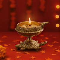 Collectible India Brass Diya Oil Puja Lamp Engraved Design Dia with Turtle Base for Home Temple Pooja Articles Decor Gifts (1Pcs).