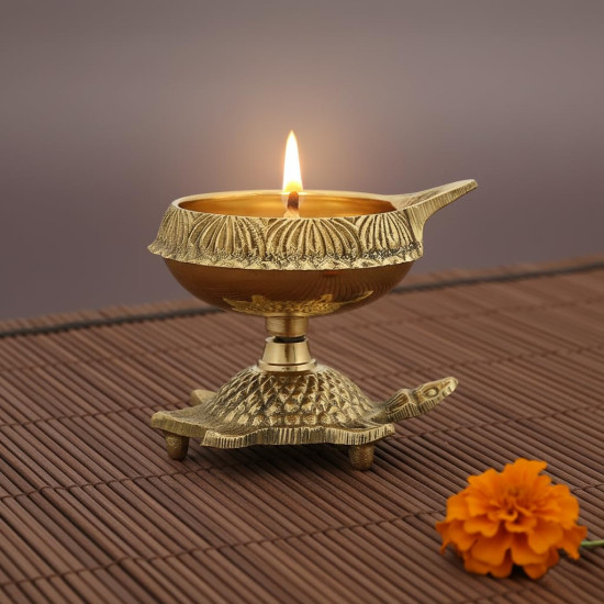 Collectible India Brass Diya Oil Puja Lamp Engraved Design Dia with Turtle Base for Home Temple Pooja Articles Decor Gifts (1Pcs).