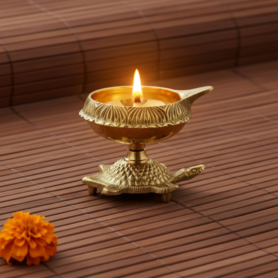 Collectible India Brass Diya Oil Puja Lamp Engraved Design Dia with Turtle Base for Home Temple Pooja Articles Decor Gifts (1Pcs).