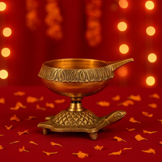 Collectible India Brass Diya Oil Puja Lamp Engraved Design Dia with Turtle Base for Home Temple Pooja Articles Decor Gifts (1Pcs).